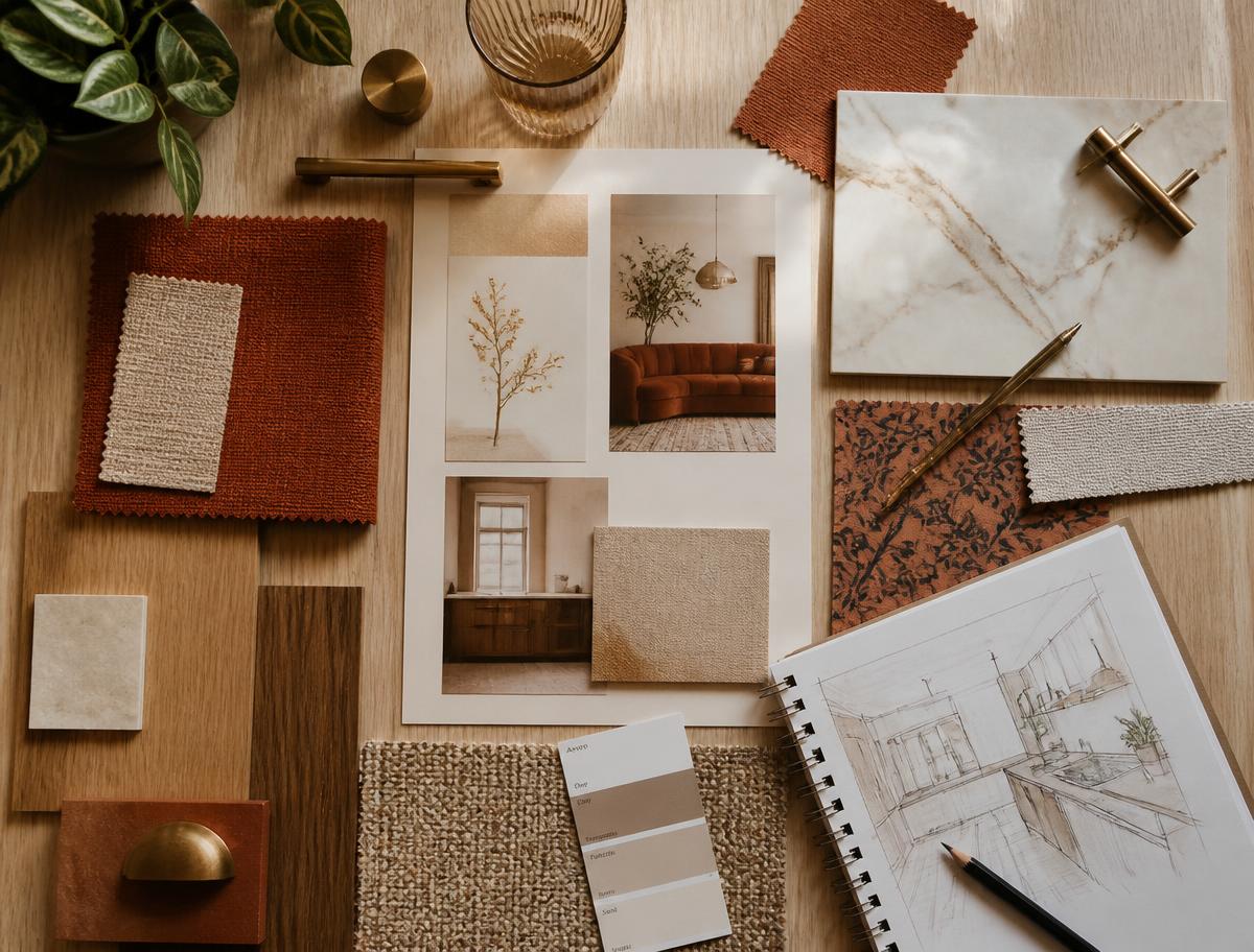 Material samples, fabric swatches and a hand-drawn interior sketch